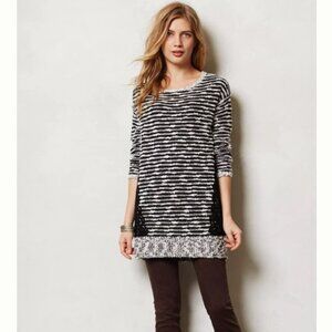 ANTHROPOLOGIE MOTH SZ L Staccato Stripe Wool/Cotton Blend Tunic Sweater Blk&Wht